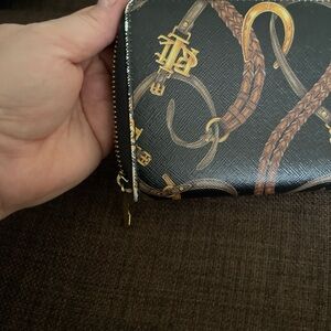 Ralph Lauren Black Wallet with Brown Braided Strap and Gold Accents